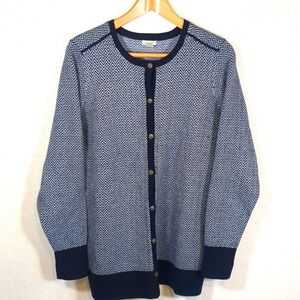 L.L. Bean Cashmere Cotton Blend Chevron Blue & White Cardigan Sweater Size Large